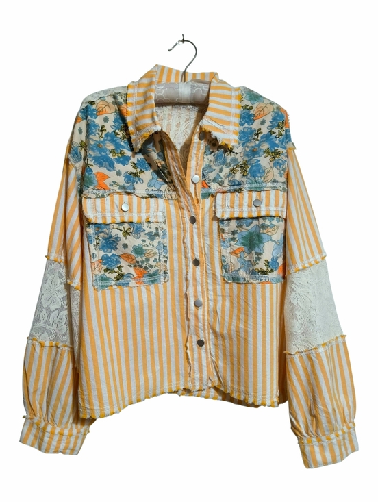 POL Tops - POL Yellow Stripe Blue Floral Boho Cottagecore Patchwork Shacket Top with Lace